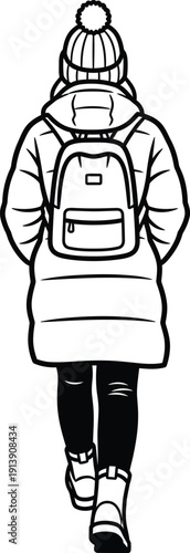 Young woman wearing a winter coat, beanie, and backpack, walking away from the viewer, clean line art illustration in comic style.