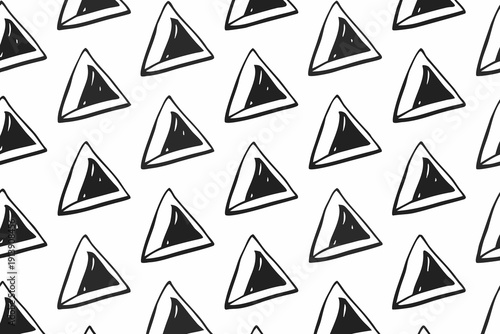 A black and white vector graphic illustration of a repeating pattern of triangular warning signs on a plain background
