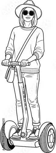 Detailed outline illustration of a woman in a hat and sunglasses on a Segway, ready for a ride.