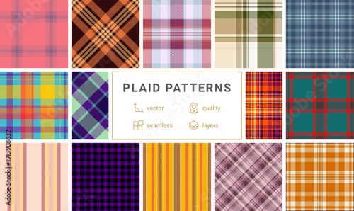 Plaid pattern set for urban fashion and contemporary styling. Tartan textures elevate streetwear, casual collections, and layering pieces. Seamless vectors align edges.