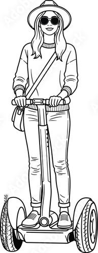 Line art illustration of a young woman wearing a hat and sunglasses riding a Segway with a shoulder bag.