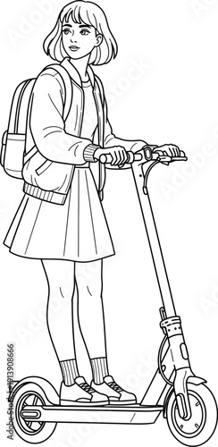 Outline drawing of a stylish young girl with a backpack riding an electric scooter, perfect for modern urban travel.