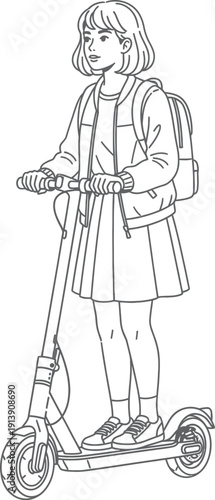 Line art illustration of a fashion-forward young woman wearing a backpack and riding an electric scooter.