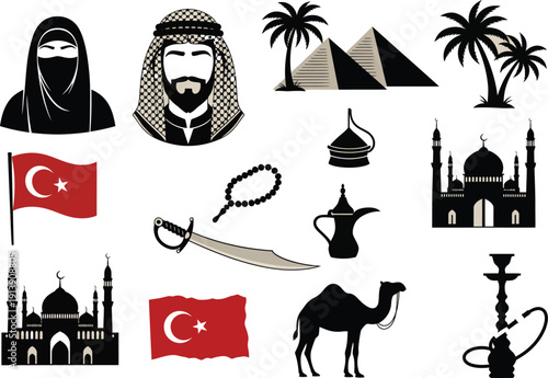 Assortment of Islamic and Middle Eastern symbols including mosques, camels, Turkish flags, swords, and palm trees.