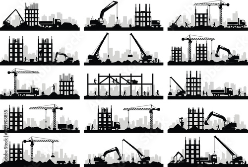 Silhouettes of construction sites with cranes, excavators, trucks, and buildings under construction, representing development.