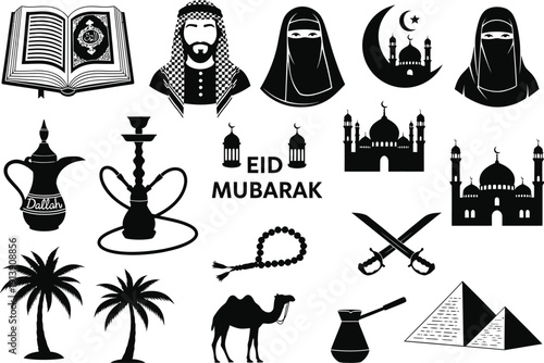 Islamic icons celebrating Eid Mubarak, featuring the Quran, mosques, camels, palm trees, and traditional symbols.