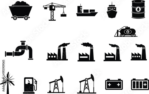Industrial Icons Set: Black and White Silhouettes of Coal Mine Cart, Crane, Ship, Oil Barrel, Gas Station, and Wind Turbine