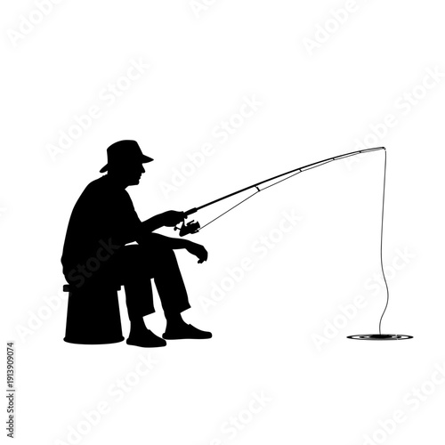Silhouette of a fisherman sitting and fishing with a rod.