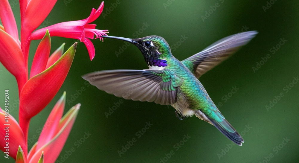 Fototapeta premium Hummingbird hovering near vibrant red flowers