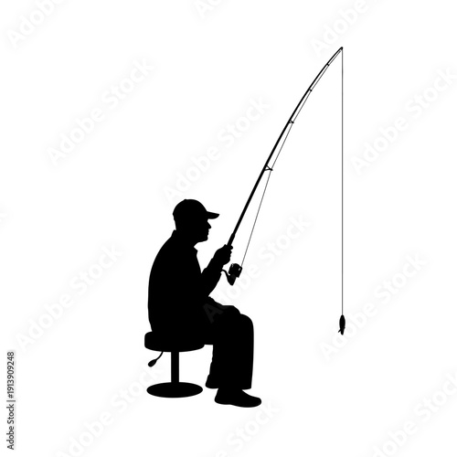 Silhouette of a fisherman sitting on a stool fishing with a rod.