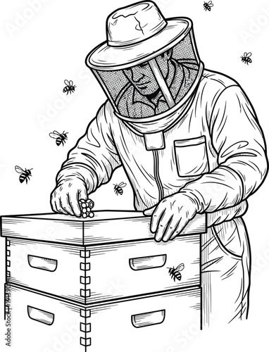 Beekeeper in Protective Suit Inspecting Beehive with Bees Flying Around - Line Art Illustration