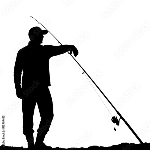 Silhouette of a Fisherman Standing with Fishing Rod, Contemplating the Water.
