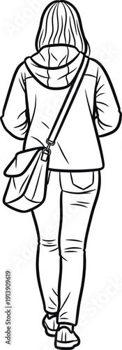 Woman Walking Away, Back View with Crossbody Bag and Jeans - Line Art