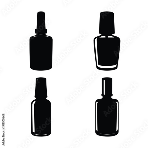 Set of black silhouette nail polish bottles showcasing various cosmetic container shapes