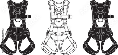 Collection of Safety Harnesses Detailed Illustrations of Industrial and Construction Gear