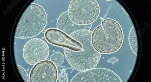 Microscopic view of various single-celled organisms.  Circular, disc-shaped, and oblong shapes, light gray and translucent, in a pale blue field.  Seen through a microscope