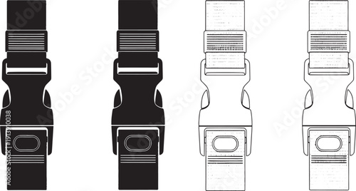 Vector illustration of quick release plastic buckles in solid black and outline styles, perfect for bag straps, outdoor gear, and various fastening system designs