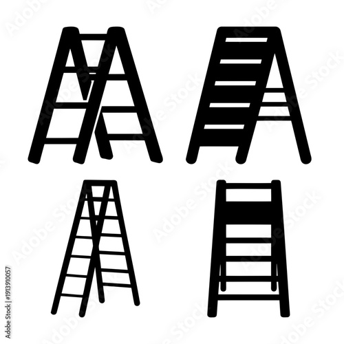 Various black silhouette illustrations of step ladders and a-frame ladders for elevation