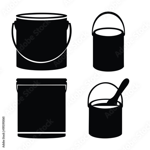 Collection of various paint buckets and cans with a stirring tool for diverse projects