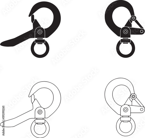 A collection of versatile industrial snap hooks with swivel eye designs, presented as detailed vector illustrations for heavy-duty rigging, lifting, and safety equipment applications