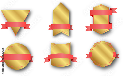 光沢のあるゴールドプレートと赤いリボンを組み合わせた高級感演出用ラベル・エンブレム装飾セット、表彰・認定・ランキング・セール訴求に使える立体風メタリックデザインの汎用バッジ素材集