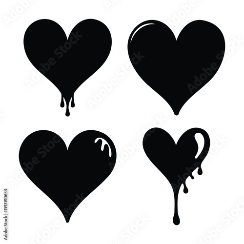 Collection of abstract black dripping heart shapes expressing various emotions