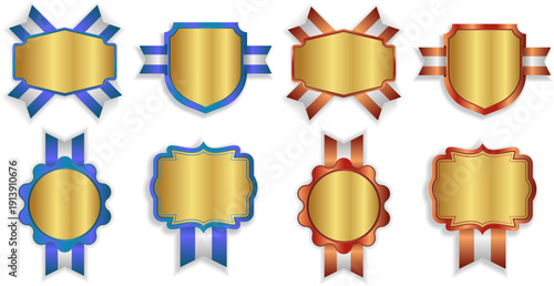 金色のメダルと装飾フレームにリボンを組み合わせた表彰・認定・ランキング訴求向けエンブレムセット、プレミアム感を演出できる立体風ゴールドバッジデザイン素材集（広告・販促・Web・印刷対応）