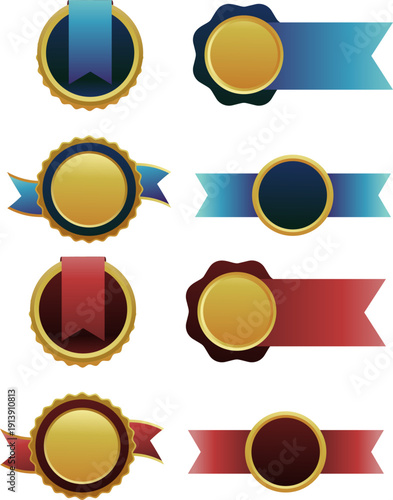 金色のメダルとカラフルなリボンを組み合わせた表彰用エンブレムバッジのセット、ランキング表示や認定マークに使える高級感のある装飾ベクターイラスト素材

