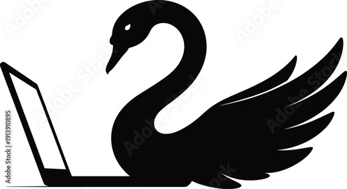 Black silhouette illustration of swan interacting with laptop, modern technology concept, elegant bird artwork, digital vector design, nature meets tech