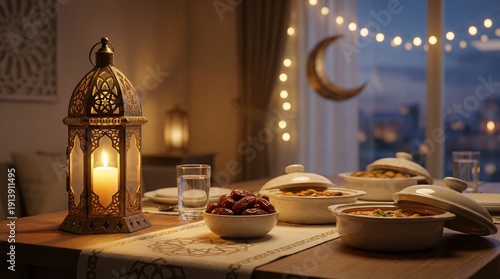 Elegant Ramadan Iftar Table with Lantern and Dates, Warm Spiritual Atmosphere