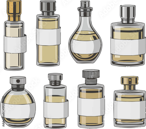 Create a kinds of deferent realistic Perfume glass tester vial with blank paper cover for you design template. vector art white background.