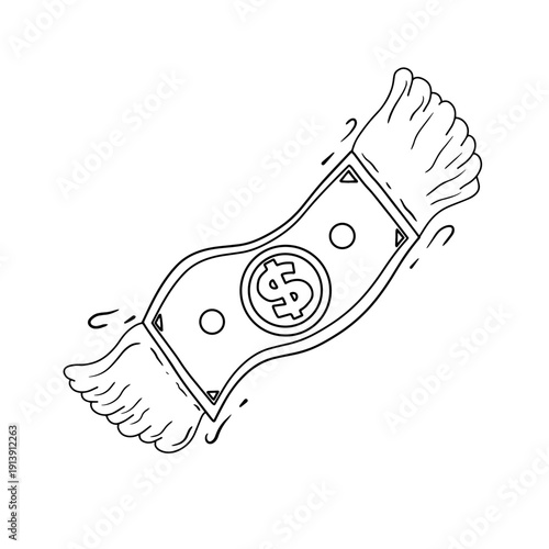 Flying dollar bill with wings vector illustration in hand drawn line art. Wings on a dollar bill symbolizing financial freedom and success