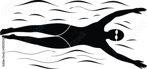 Black silhouette of professional swimmer athlete in swimming pool, female person in swimwear with goggles during competition isolated on white, vector