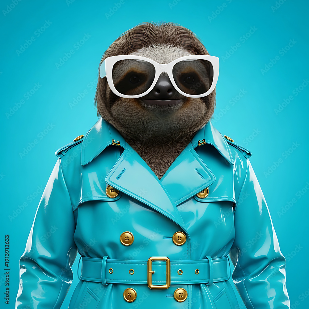 Naklejka premium A stylish sloth wearing white sunglasses and a shiny blue trench coat with gold buttons, against a vibrant blue background.