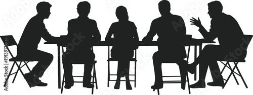 Business people silhouette meeting around table, corporate team discussion and brainstorming session, professional office colleagues group isolated on white background, vector. (23 words)