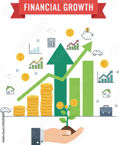 Create a realistic Financial growth vector art with white background.