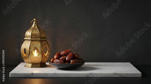 Luxury Minimal Ramadan Lantern with Dates on Dark Background