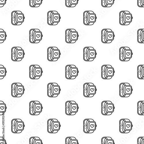 Smartwatch fitness trackers with heart icons creating a repeating background pattern