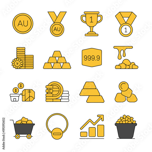 Gold Icon Vector Illustrations, vector icon collection showing golden currency symbols, bars, coins, bullion stacks, financial and investment graphics, luxury assets, and clean vector illustrations 