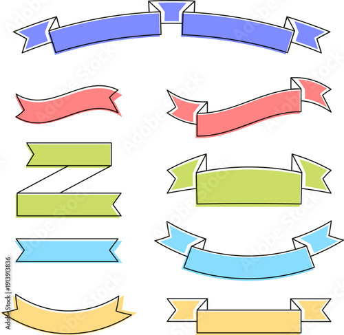 手描き風アウトラインとやわらかい配色で作成したリボン見出しフレームセット、ポップで親しみやすい装飾バナー素材、チラシ・ブログ・プレゼン資料・広告デザインに使いやすい汎用タイトルラベルコレクション
