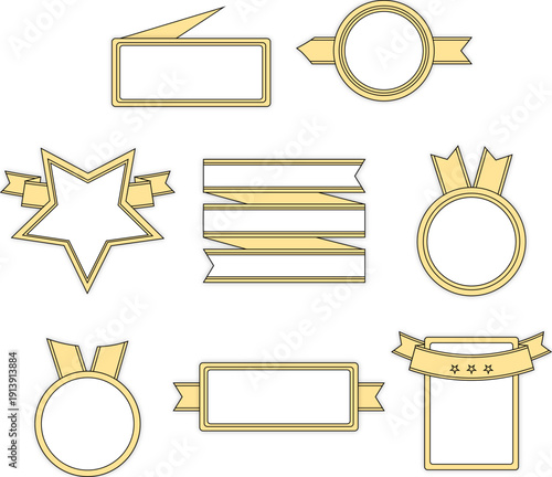 シンプルな線画と落ち着いたゴールドカラーで構成した高級感のあるリボン付きフレーム・メダル・ラベル装飾セット、表彰・アワード・認定証・ランキング表示・キャンペーン訴求に使いやすいクラシックデザインの汎用あしらい素材集