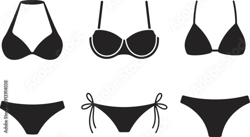 Collection of bikini and lingerie silhouettes, black female underwear icons including bras and panties, swimsuit set isolated on white background, vector. (22 words)