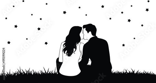 Couple silhouettes sitting under stars, romantic night sky illustration, love relationship concept, peaceful lifestyle design, symbolic togetherness representation, intimate moment
