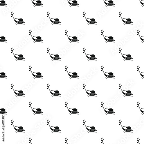 Lawn mower vector icon creating a repeating seamless pattern on white