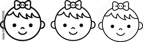 Cute baby girl face icon set, line art cartoon toddler avatar collection, simple outline vector illustration isolated on white background