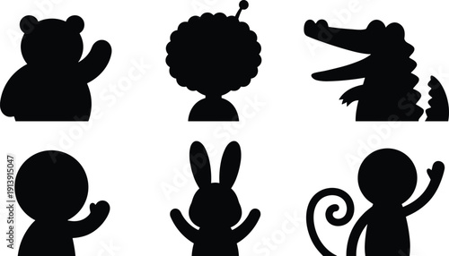 Cute cartoon silhouette characters set, bear crocodile bunny monkey child black vector icons isolated on white background