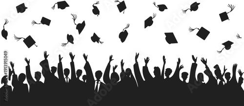 Graduation celebration silhouettes with caps thrown, academic success, student achievement, joyful ceremony, education milestone, university event