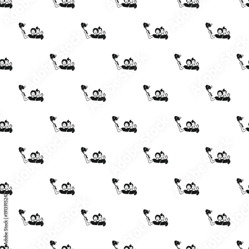 Group of friends taking selfie using monopod and mobile phone creating a continuous pattern