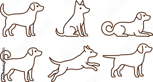 Cute dog outline collection, minimal pet line art illustrations, different canine poses set, simple brown contour drawings isolated