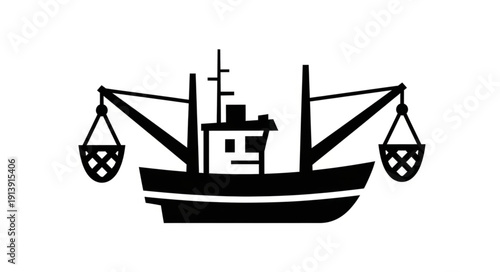 Black silhouette of a fishing trawler with nets on either side.
